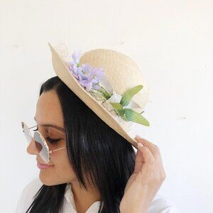 Vintage Floral Hat with Veil - Betmar New York - Tan Hat with Purple Flowers